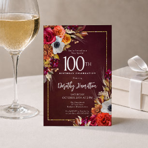 Boho Fall Burgundy Floral Script 100th Birthday Invitation