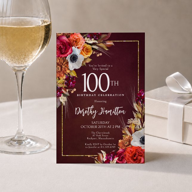 Boho Fall Burgundy Floral Script 100th Birthday Invitation (Creator Uploaded)