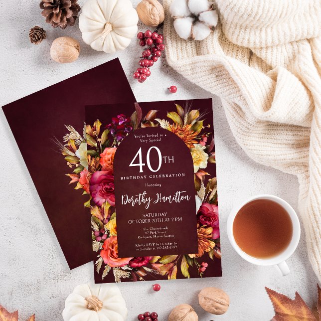 Boho Fall Burgundy Floral Script 40th Birthday Invitation (Creator Uploaded)