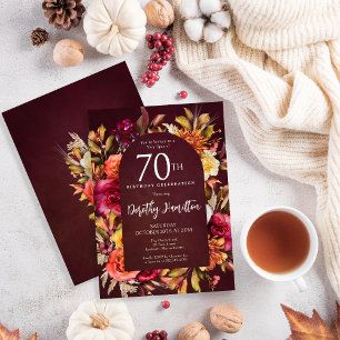 Boho Fall Burgundy Floral Script 70th Birthday Invitation