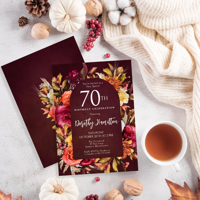 Boho Fall Burgundy Floral Script 70th Birthday Invitation (Creator Uploaded)