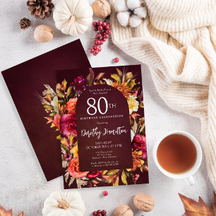 Boho Fall Burgundy Floral Script 80th Birthday Invitation