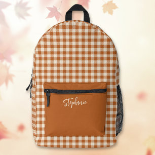 Boho Fall Burnt Orange Gingham Plaid Custom Name Printed Backpack