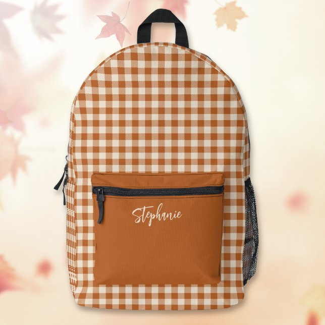 Boho Fall Burnt Orange Gingham Plaid Custom Name Printed Backpack (Creator Uploaded)