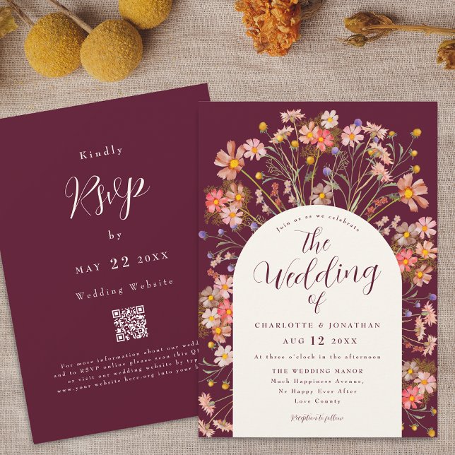 Boho Fall Floral Arch Burgundy Wedding Invitation (Boho fall rustic wildflowers floral arch burgundy ivory cream wedding qr code invitation Watercolor)