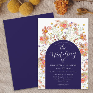 Boho Fall Floral Arch Navy Blue and White Wedding Invitation