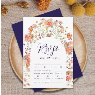 Boho Fall Floral Arch Navy Blue & White Wedding RSVP Card