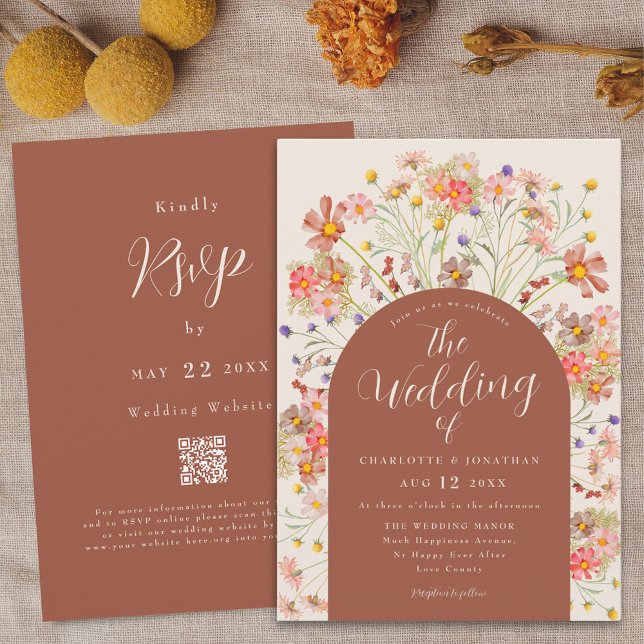 Boho Fall Floral Arch Terracotta Wedding Invitation (Boho fall rustic wildflower floral arch terracotta burnt orange beige wedding qr code invitation )