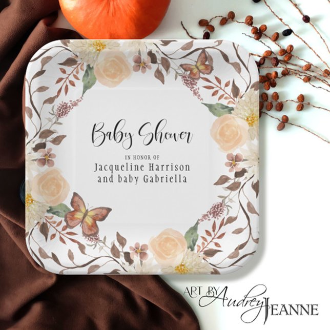 BOHO Fall Floral Autumn Butterfly Baby Shower Paper Plate (Creator Uploaded)