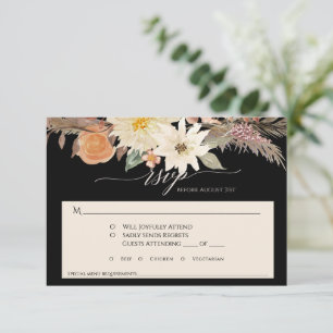 BOHO Fall Floral Black n Tan Pampas Grass Wedding RSVP Card