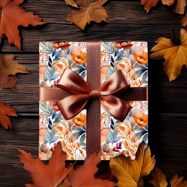 Boho Fall Floral Blooms Terracotta Apricot Blue Wrapping Paper (Boho Fall | Autumn Floral Pattern Wrapping Paper  - Terracotta, Apricot and Dusky Blue)