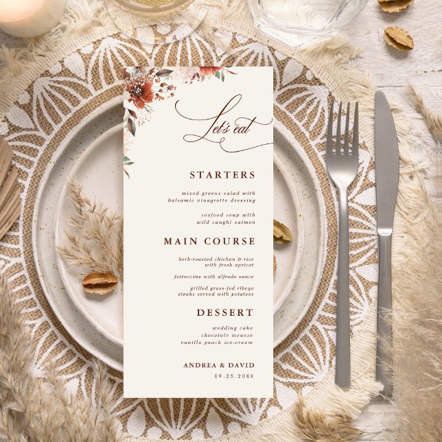 Boho Fall Floral Brown Let's Eat Ivory Wedding   Menu (Creator Uploaded)