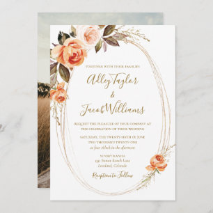 Boho Fall Floral Burnt Orange Photo Wedding Invitation