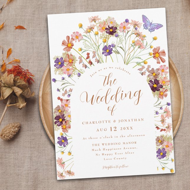 Boho Fall Floral Butterfly Wedding Invitation (Boho fall rustic floral wedding invitation colorful whimsical watercolor wildflowers and butterfly)