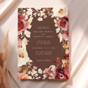 Boho Fall Floral Cream Brown Burgundy Wedding Invitation