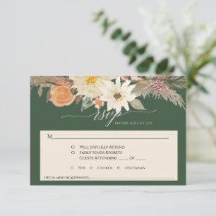 BOHO Fall Floral Forest Green Pampas Grass Wedding RSVP Card