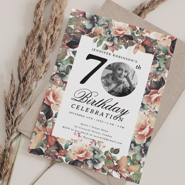 Boho Fall Floral Garden Photo 70th Birthday  Invitation (Boho Fall Floral Garden Photo 70th Birthday Invitation)