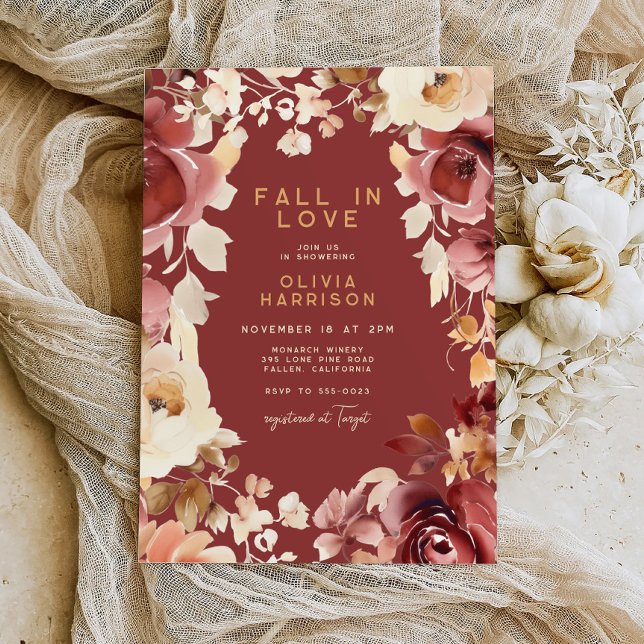 Boho Fall Floral Gold Cream Scarlet Bridal Shower Invitation (Creator Uploaded)