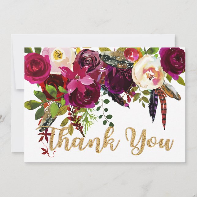Boho Fall Floral Gold Modern Thank You (Front)