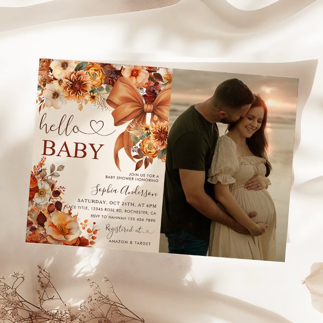 Boho Fall Floral Hello Baby Baby Shower Photo  Invitation (Creator Uploaded)