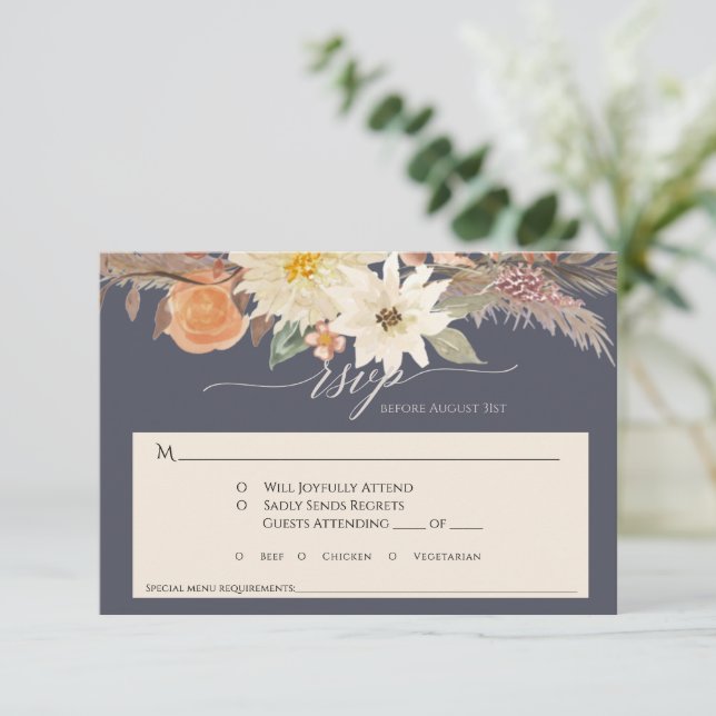 BOHO Fall Floral Navy Blue Pampas Grass Wedding RSVP Card (Standing Front)