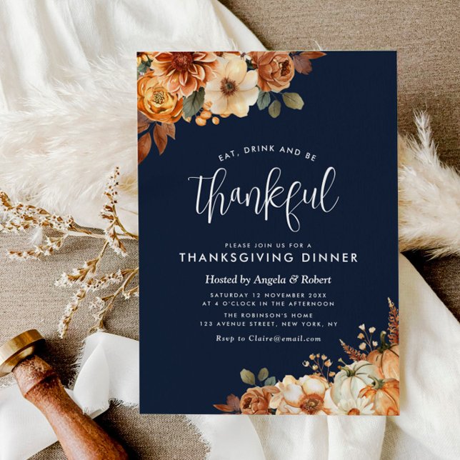 boho fall floral navy blue thanksgiving dinner invitation (Creator Uploaded)