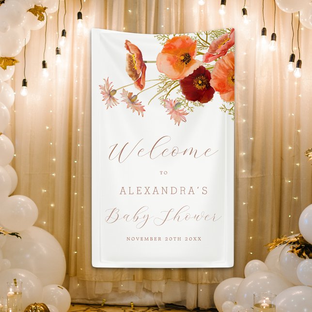 Boho Fall Floral Personalised Baby Shower Welcome Banner (Boho fall wildflower floral personalized Baby shower banner Watercolor autumn flowers elegant script)