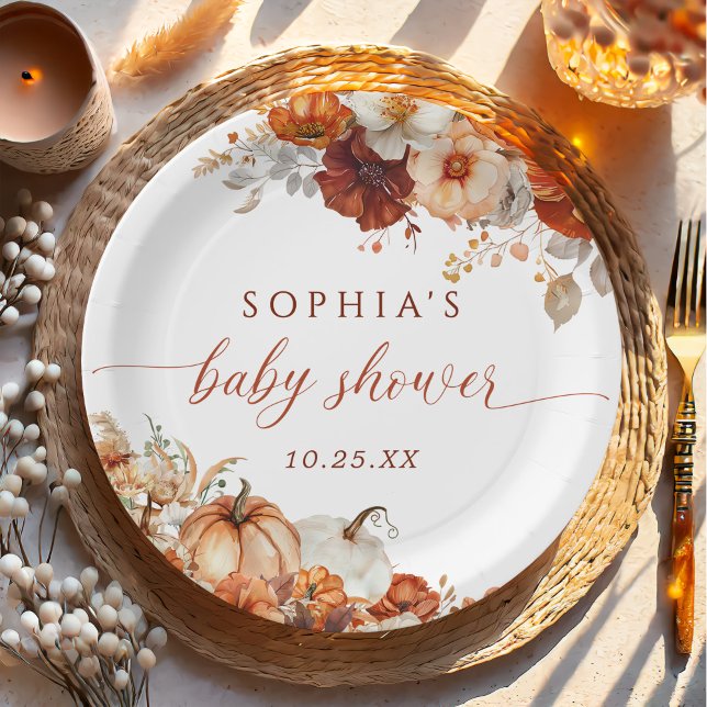 Boho Fall Floral Pumpkin Baby Shower  Paper Plate (Creator Uploaded)