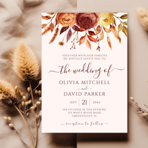 Boho Fall Floral Rustic Flowers Foliage Wedding Invitation