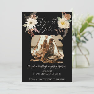 BOHO Fall Floral Watercolor Photo Black w Script Save The Date