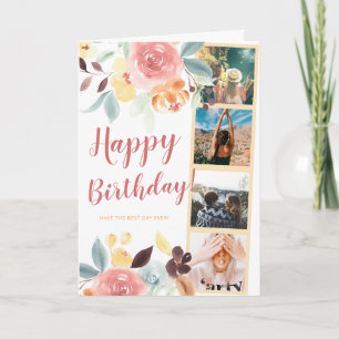 Boho fall floral watercolor photo grid birthday card