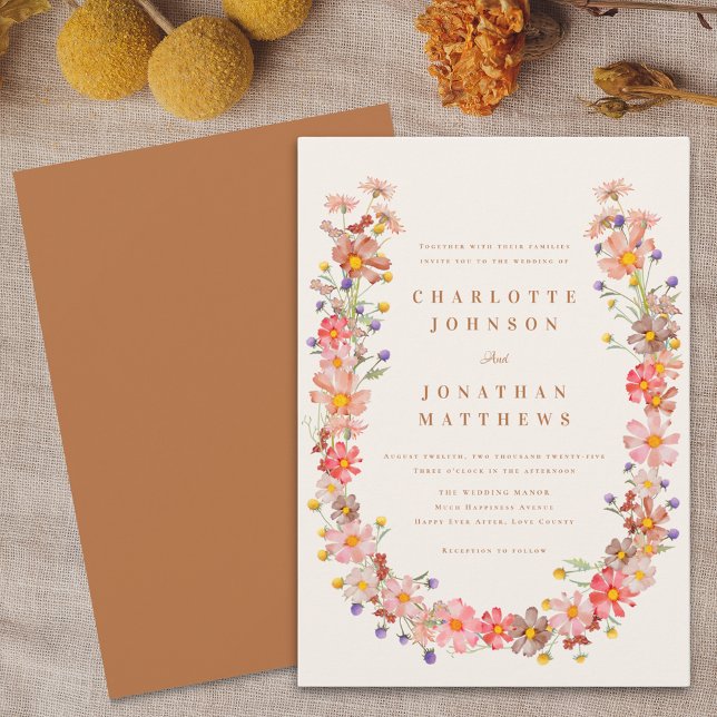 Boho Fall Floral Wedding Invitation (Boho fall wildflower floral wreath terracotta and beige wedding invitation Watercolor autumn flowers)