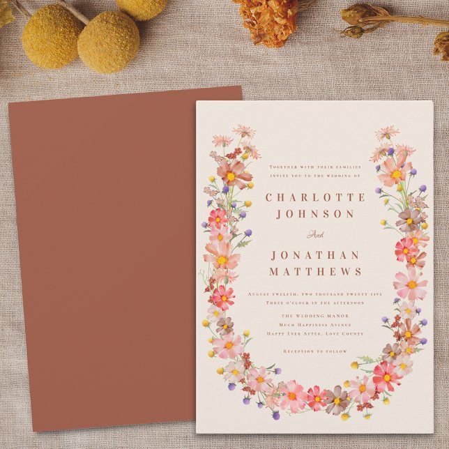 Boho Fall Floral Wedding Invitation (Boho fall floral wreath burnt orange beige wedding invitation watercolor wildflowers elegant chic)