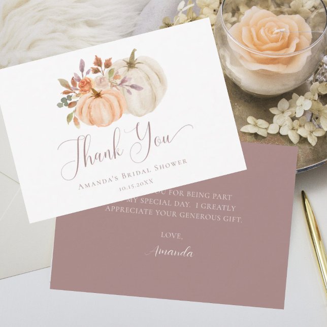 Boho Fall Floral White Pumpkin Bridal Shower Thank You Card (Creator Uploaded)