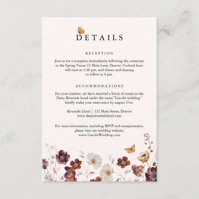 Boho Fall Florals Butterfly Wedding Enclosure Card (Front)