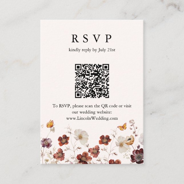 Boho Fall Florals Butterfly Wedding QR Code RSVP Enclosure Card (Front)