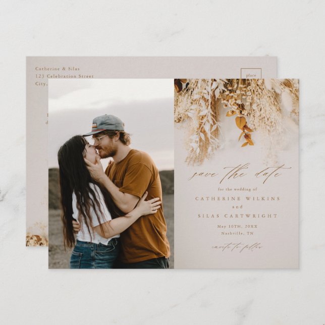 Boho Fall Flowers Photo Wedding Save The Date Announcement Postcard (Front/Back)