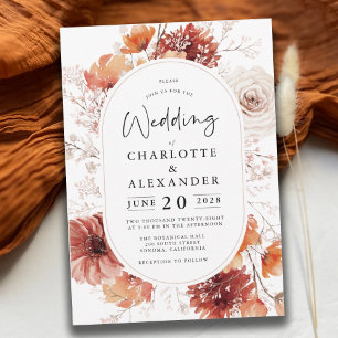 Boho Fall Foliage Wedding Terracotta Rust Flowers  Invitation