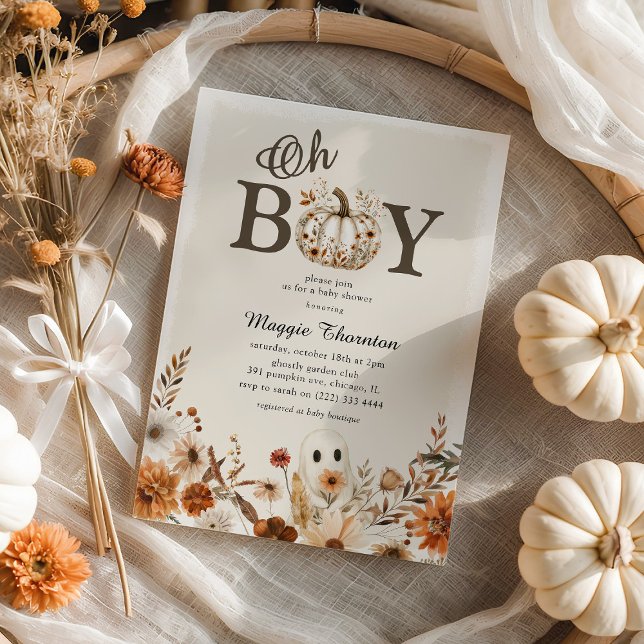 Boho Fall Ghost Floral Halloween Boy Baby Shower  Invitation (Creator Uploaded)