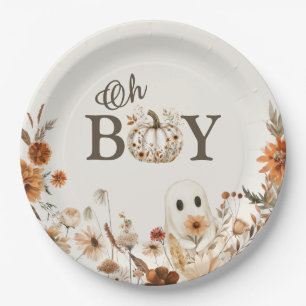 Boho Fall Ghost Floral Oh Boy Baby Shower  Paper Plate