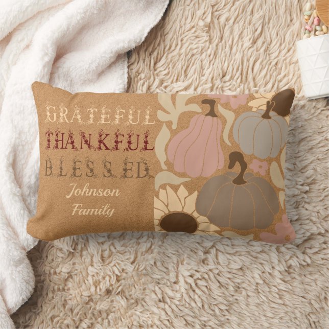 Boho Fall Grateful Thankful Blessed Thanksgiving Lumbar Cushion (Blanket)