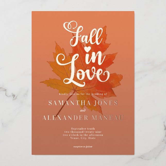 Boho Fall Leaves Burnt Orange Fall in Love Wedding (Front)