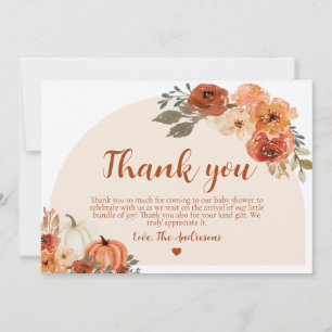 Boho Fall Little Pumpkin Autumn Floral Baby Shower Thank You Card