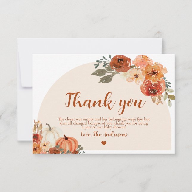 Boho Fall Little Pumpkin Autumn Floral Baby Shower Thank You Card (Front)