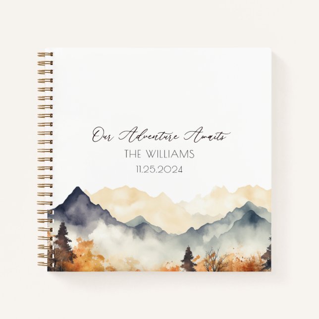 Boho Fall Mountain Watercolor Wedding Guest  Notebook (Front)