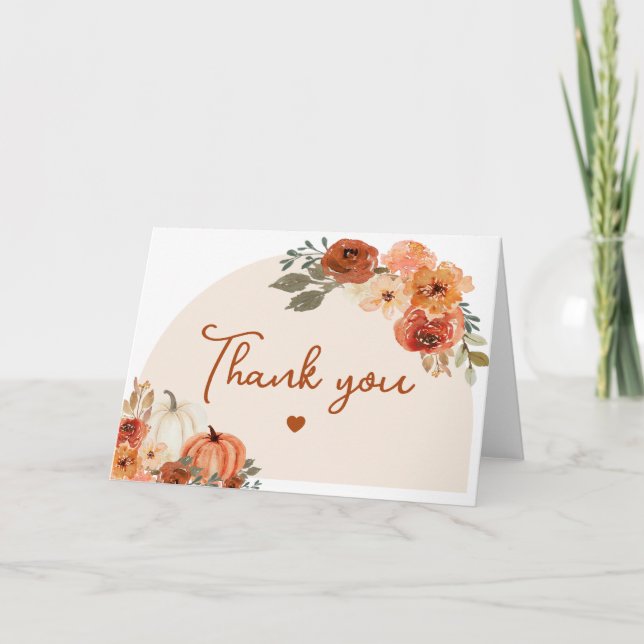 Boho Fall Pumpkin Autumn Floral Bridal Shower Thank You Card (Front)