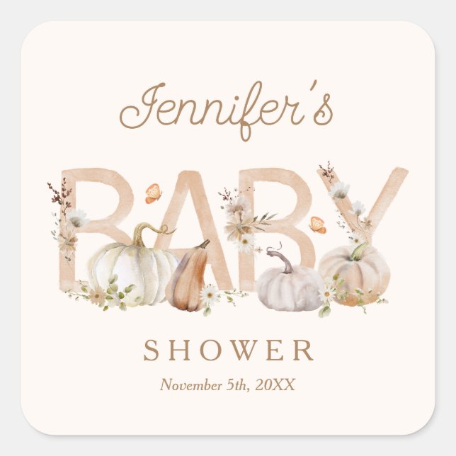 Boho Fall Pumpkin Baby Shower Square Sticker (Front)