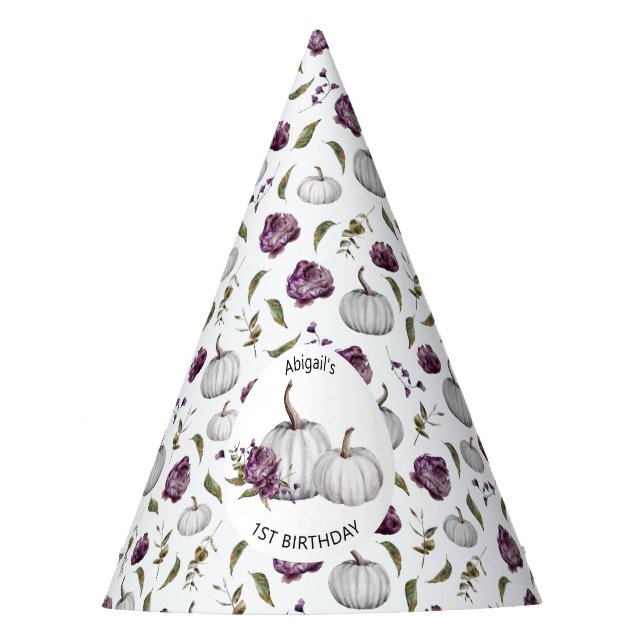 Boho Fall Pumpkin Floral Purple Birthday Party Party Hat (Front)