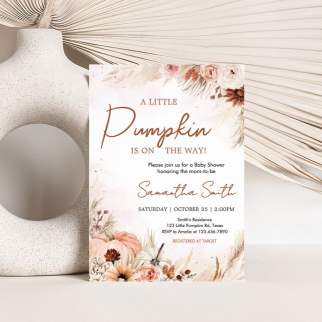 Boho Fall Pumpkin Pampas Grass Baby Shower Invitation (Boho Autumn Fall Pumpkin Pampas Grass Baby Shower Invitation)