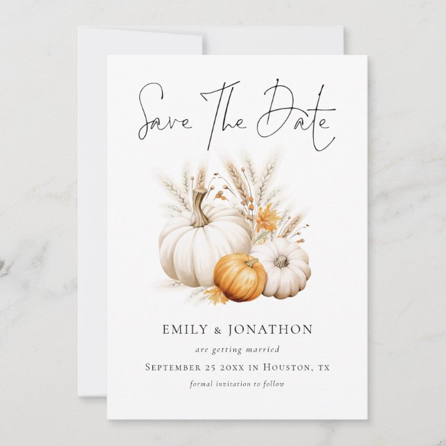 Boho Fall Pumpkins Pampas QR Code Wedding Save The Date (Front)